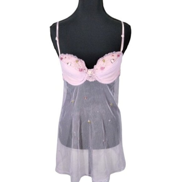 Vtg Y2K Delicates Mesh Babydoll Slip Dress M Embroidered Beaded Coquette Floral - Picture 2 of 10